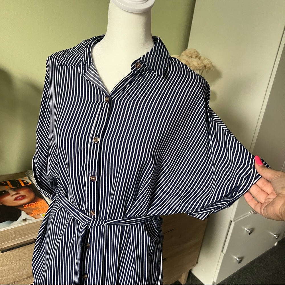 Navy & White Striped Drop Sleeve Relaxed Fit Button Down Shirt Dress Tunic Sz S